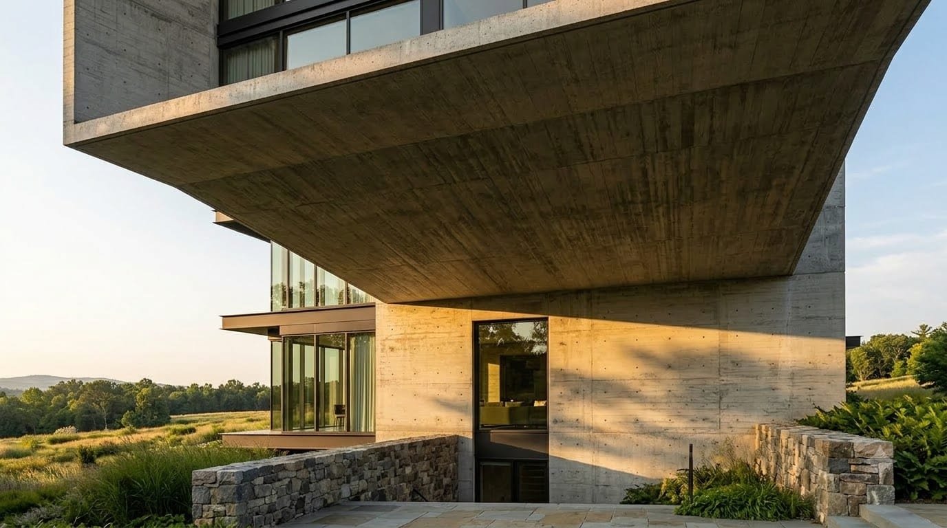 Wide elevation of a board-formed concrete residence with full-height glazing