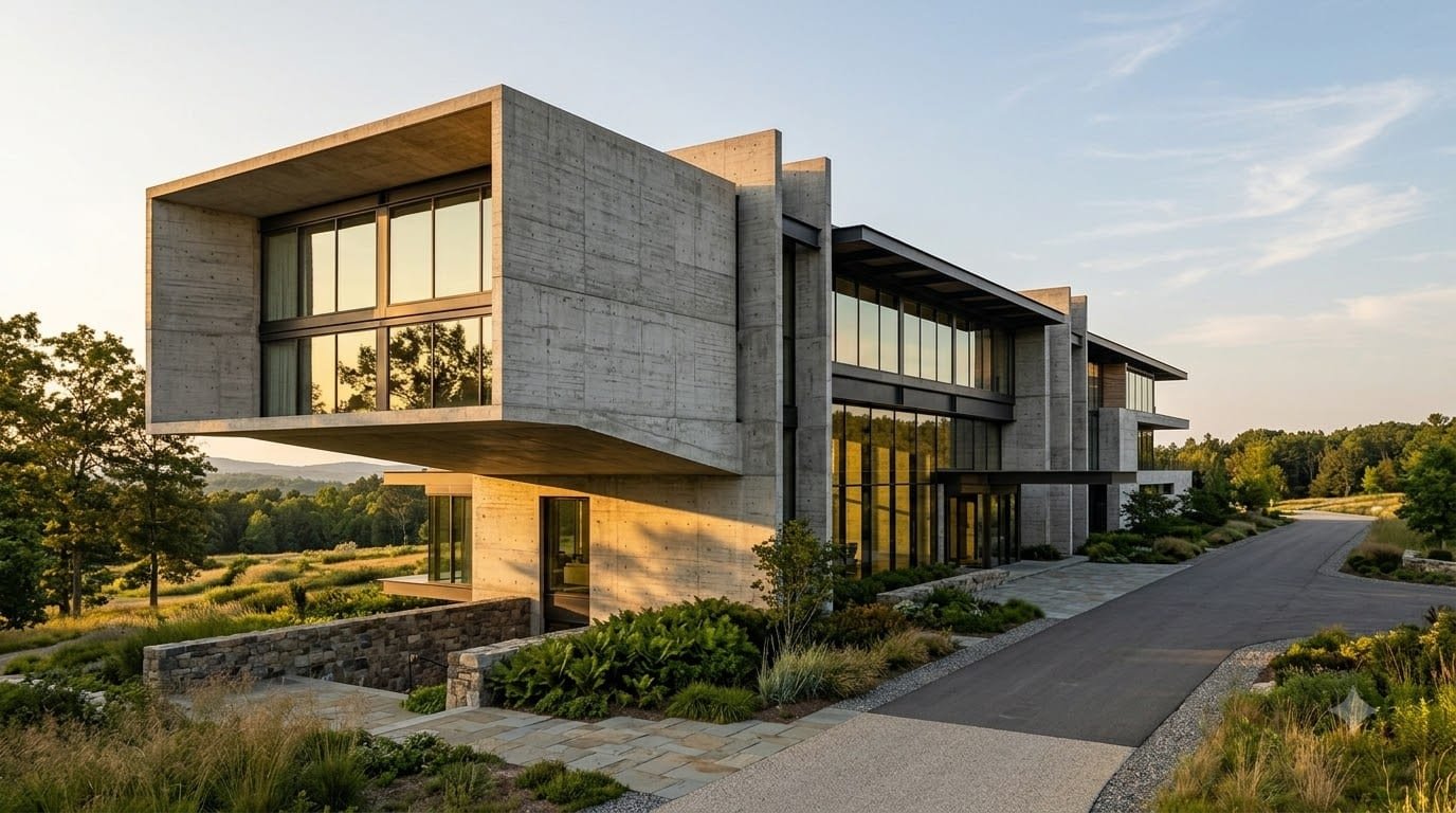 Completed concrete and glass residence at dusk, seen across its approach